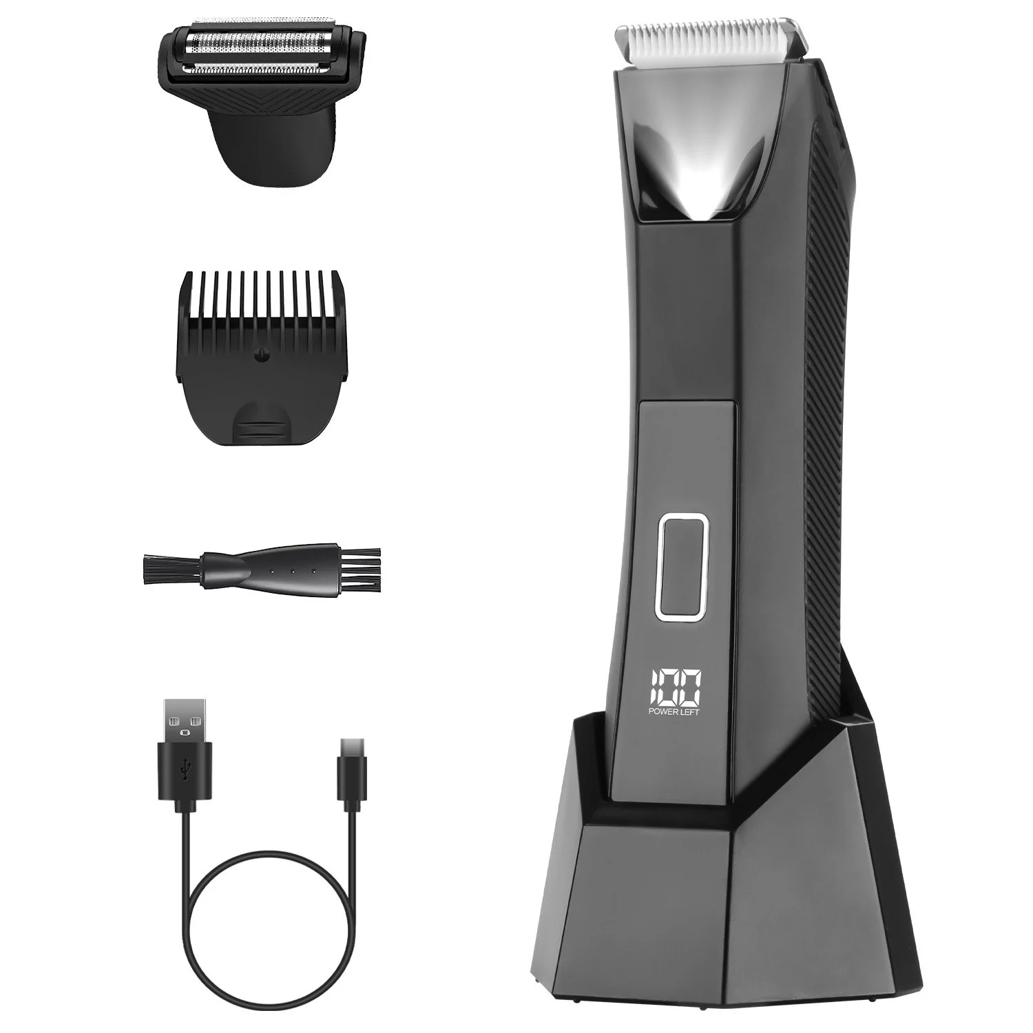 1Pc 2 In 1 Electric Body Trimmer For Men Cordless Beard Groin Ball Pubic Hair Shaver IPX7 Waterproof Razor With LED Light LCD Display Guard Comb