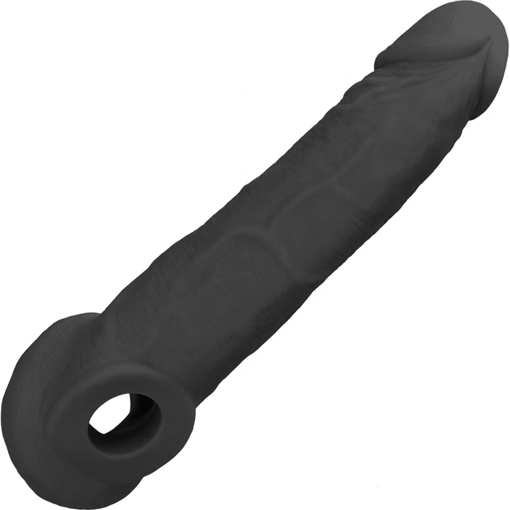 2.5" Extra Length RealRock Realistic Penis Extender with Ball Strap, 9", Black