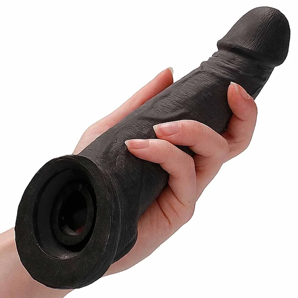 2" Extra Length RealRock Realistic Penis Extender with Ball Strap, 8", Black