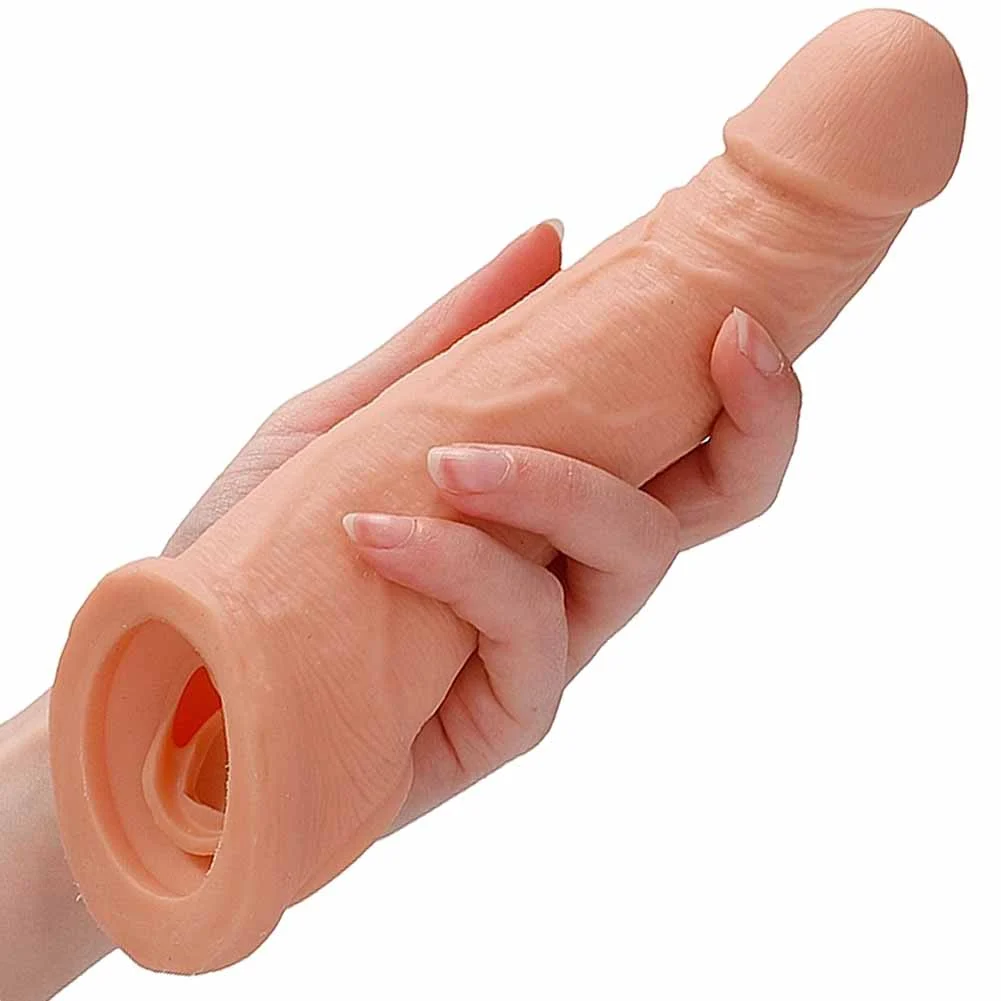 2" Extra Length RealRock Realistic Penis Extender with Ball Strap, 8", Vanilla