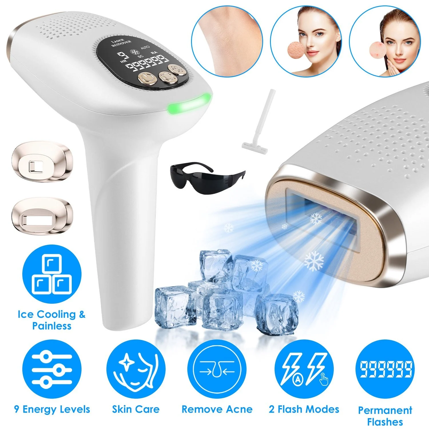3 In 1 Ice Cooling Laser Hair Removal Painless Permanent At-Home IPL Hair Removal With 999,999 Flashes 9 Energy Levels 2 Modes For Armpits Legs A