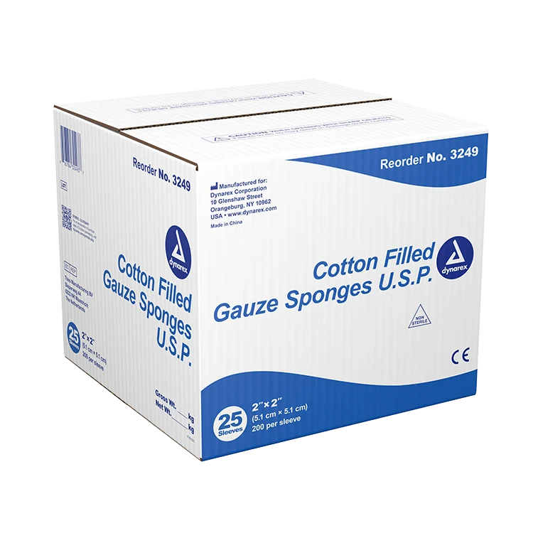 Dynarex Surgical Gauze Sponge, 2" x 2" Cotton Filled, 200ea/bx, 25bxs/cs (5000 Count)