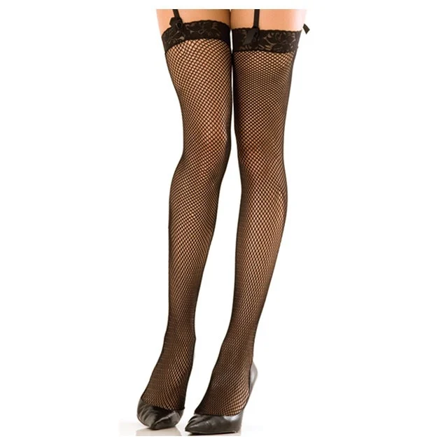 Rene Rofe Lace Top Fishnet Thigh Highs Black One Size