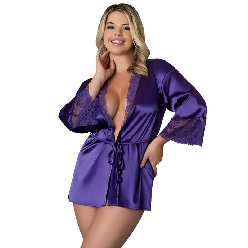 Magic Silk Satin Petals Robe in Purple – Queen Size, Luxurious Satin with Lace Trim