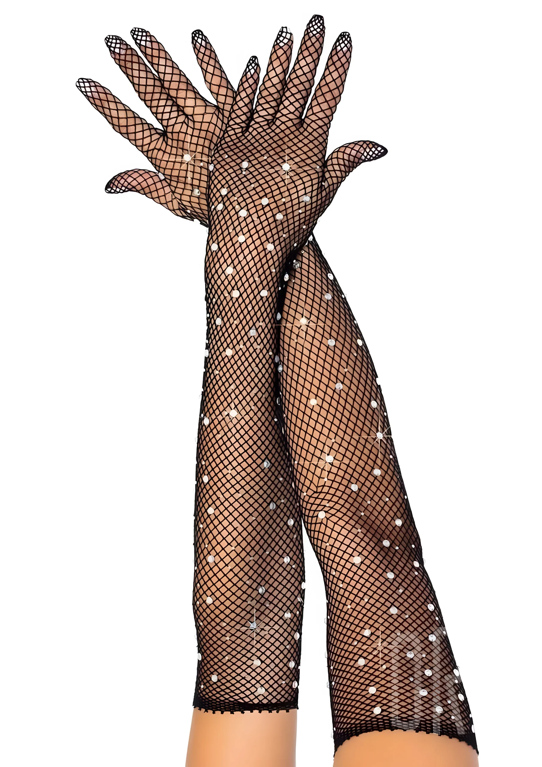 Bling Ring Rhinestone Fishnet Gloves Black