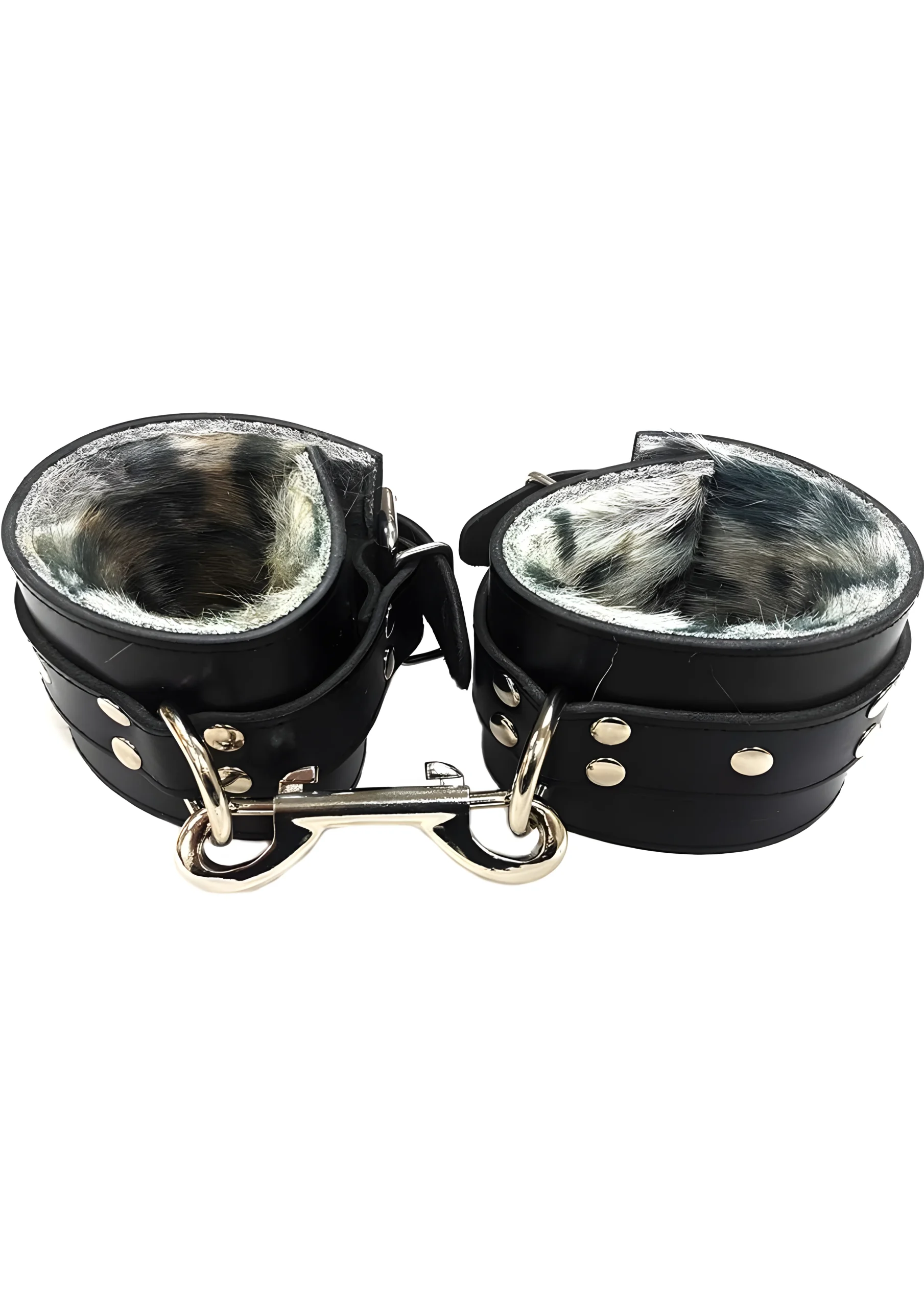 Black Leather Cuffs with Leopard Fur Lining