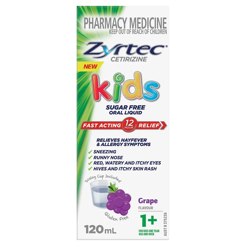 Zyrtec Kids Fast Acting Allergy & Hayfever Relief Grape Flavour Oral Liquid 120ml Order Now