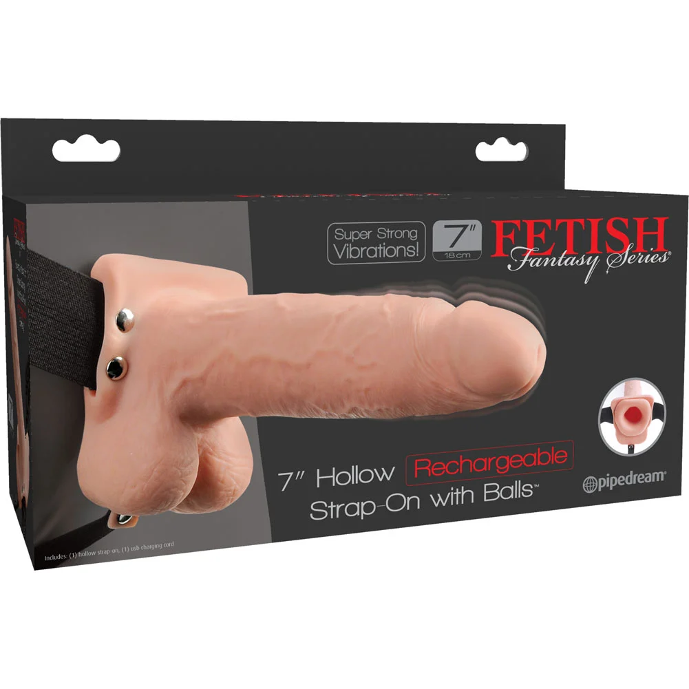 Fetish Fantasy Hollow Rechargeable Strap-On with Balls, 7", Vanilla