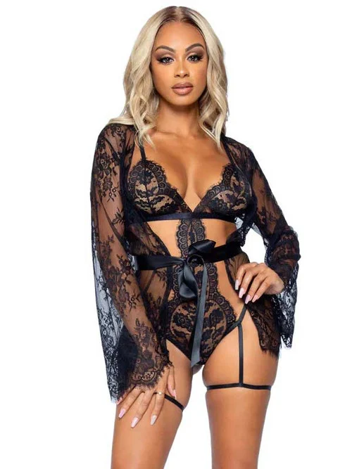 All Romance Black Lace Teddy and Robe Set