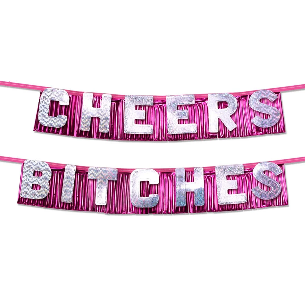 Bachelorette Party Favors CHEERS BITCHES Party Banner, Pink/Silver