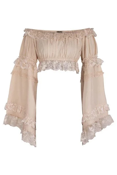 Beige Smocked Flare Sleeve Peasant Top by Daisy Corsets