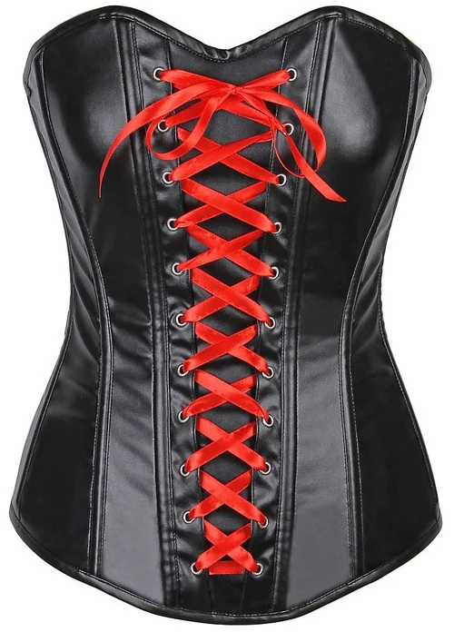 Black Lavish Wet Look Faux Leather Red Lace Up Corset by Daisy Corsets