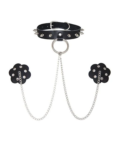 Black Leather Nipple Cover Pasties with Collar and Chain