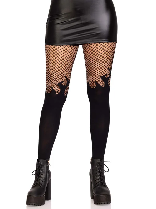 Black Opaque Flame Tights With Fishnet Top by Leg Avenue