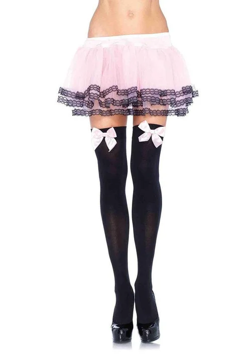 Black Opaque Over the Knee Thigh Highs with Light Pink Bow