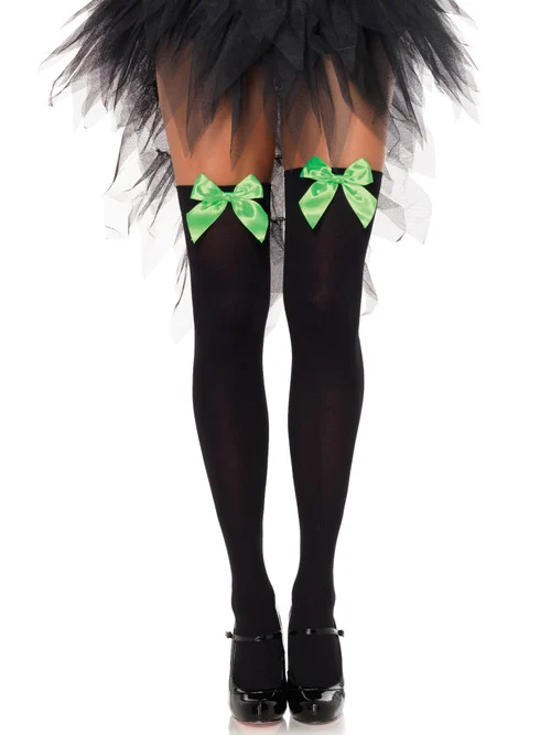 Black Opaque Over the Knee Thigh Highs with Neon Green Bow