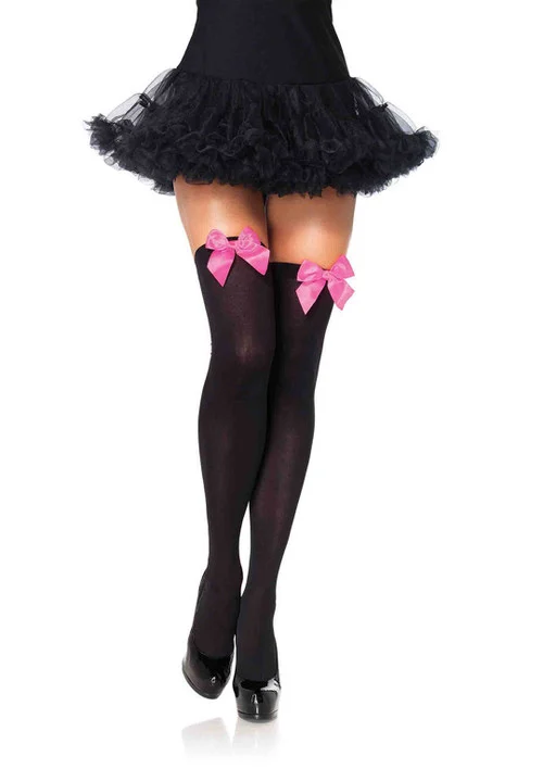 Black Opaque Over the Knee Thigh Highs with Neon Pink Bow