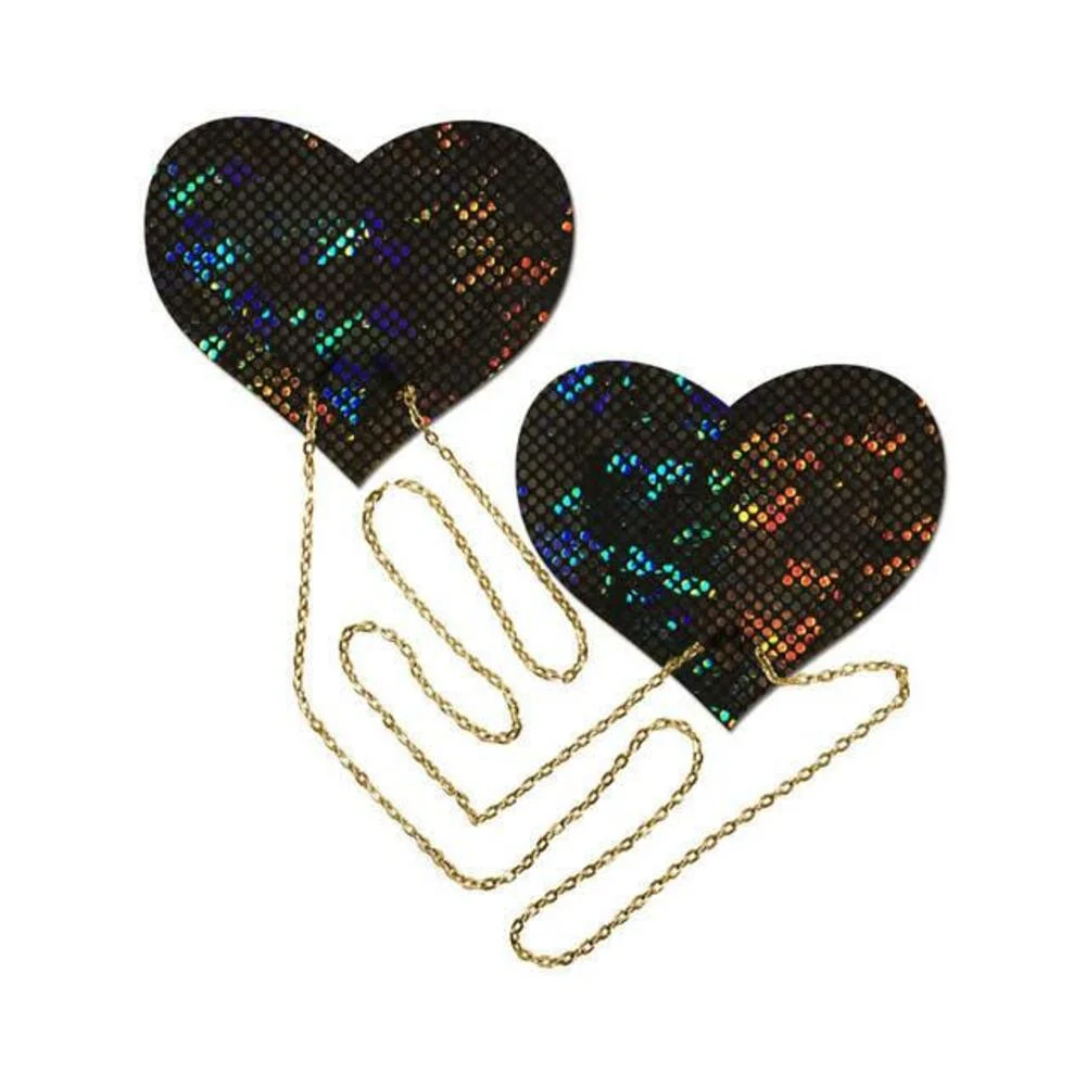 BLACK SHATTERED DISCO BALL HEART W/ GOLD CHAINS PASTIES