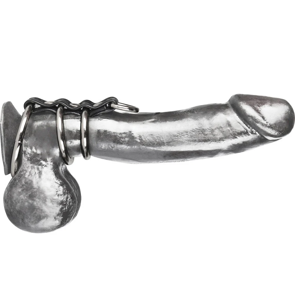 Blue Line 3 Metal Ring Gates of Hell Penis Cage with Lead D Ring, Silver/Black