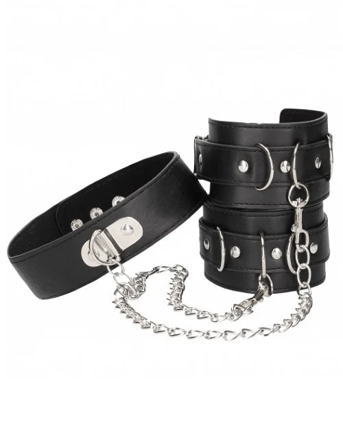 Bonded Leather Collar With Hand Cuffs - With Adjustable Straps and chain