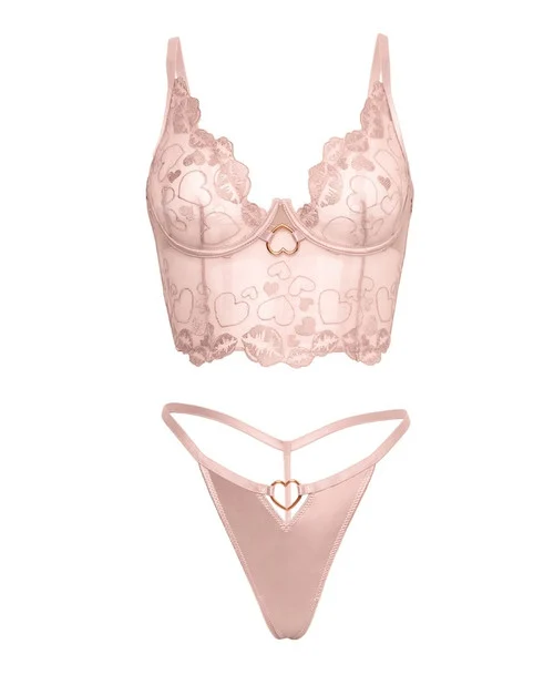 Clarissa Pink Embroidered Bustier and G-String Set