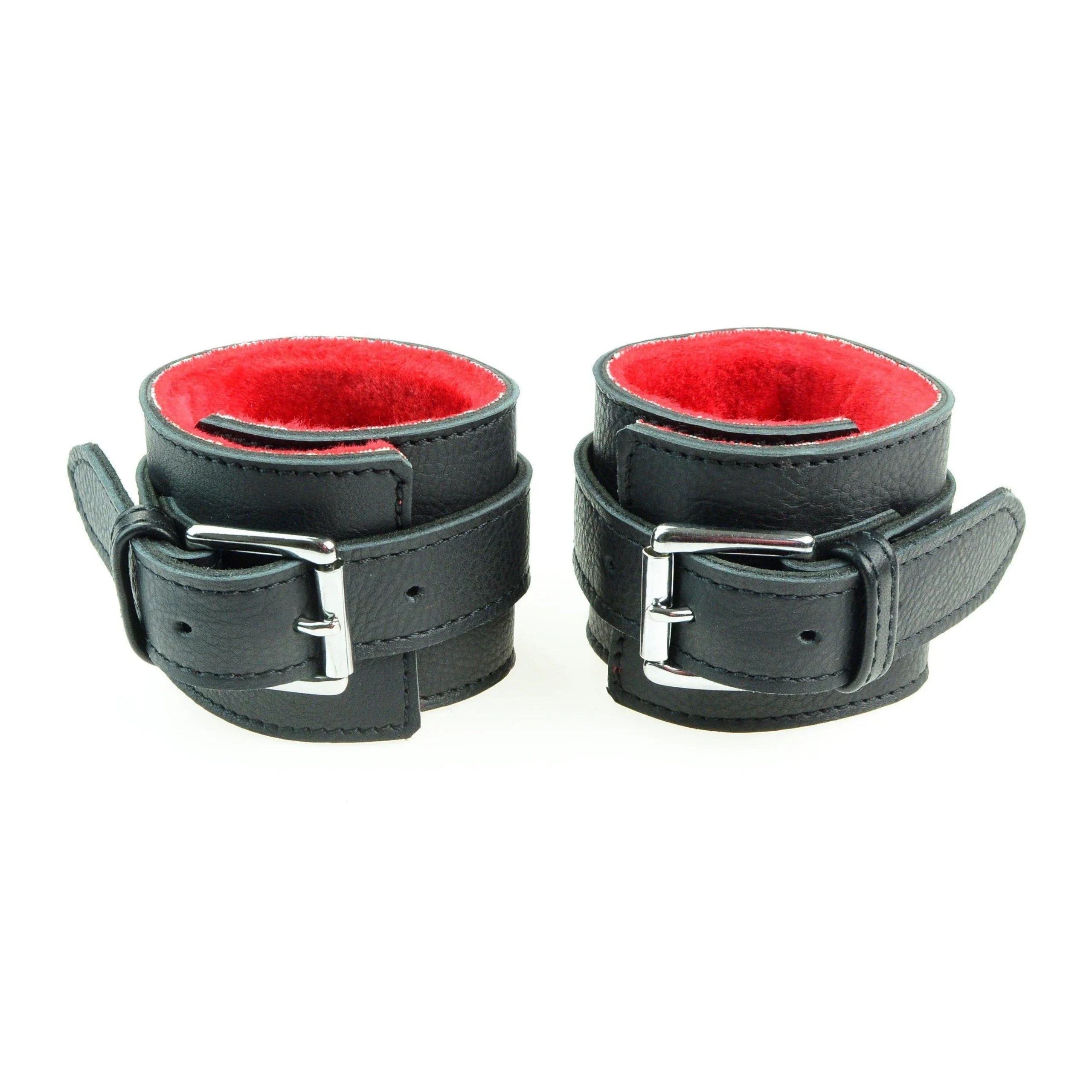 Cuff Wrist - Black Genuine Leather with Red Shaved Faux Fur Lining Cuff