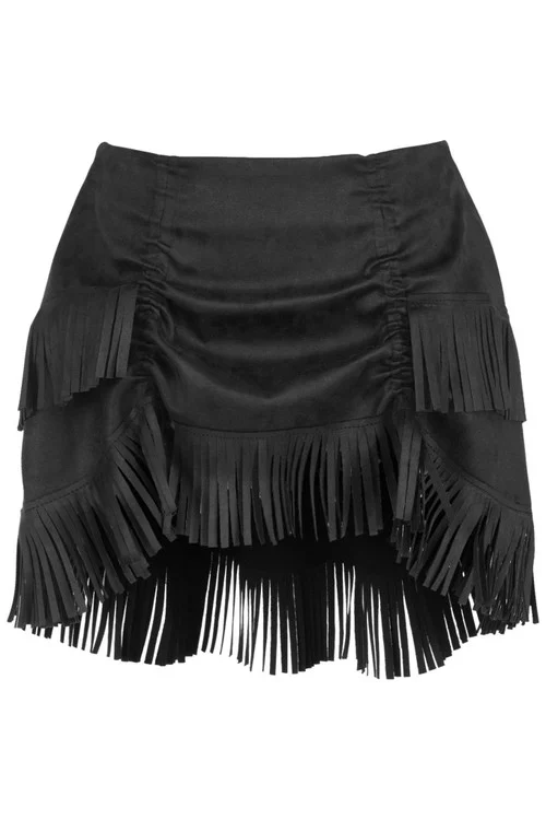 Daisy Corsets Black Suede Ruched Skirt with Fringe