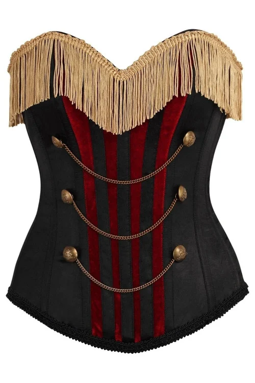 Daisy Corsets Burlesque Black and Dark Red Corset with Gold Fringe