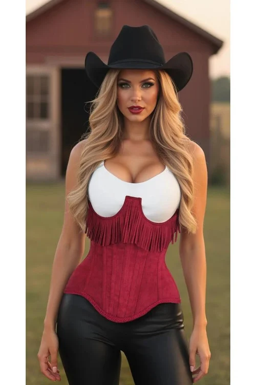 Daisy Corsets Red Suede Under Bust Corset with Fringe