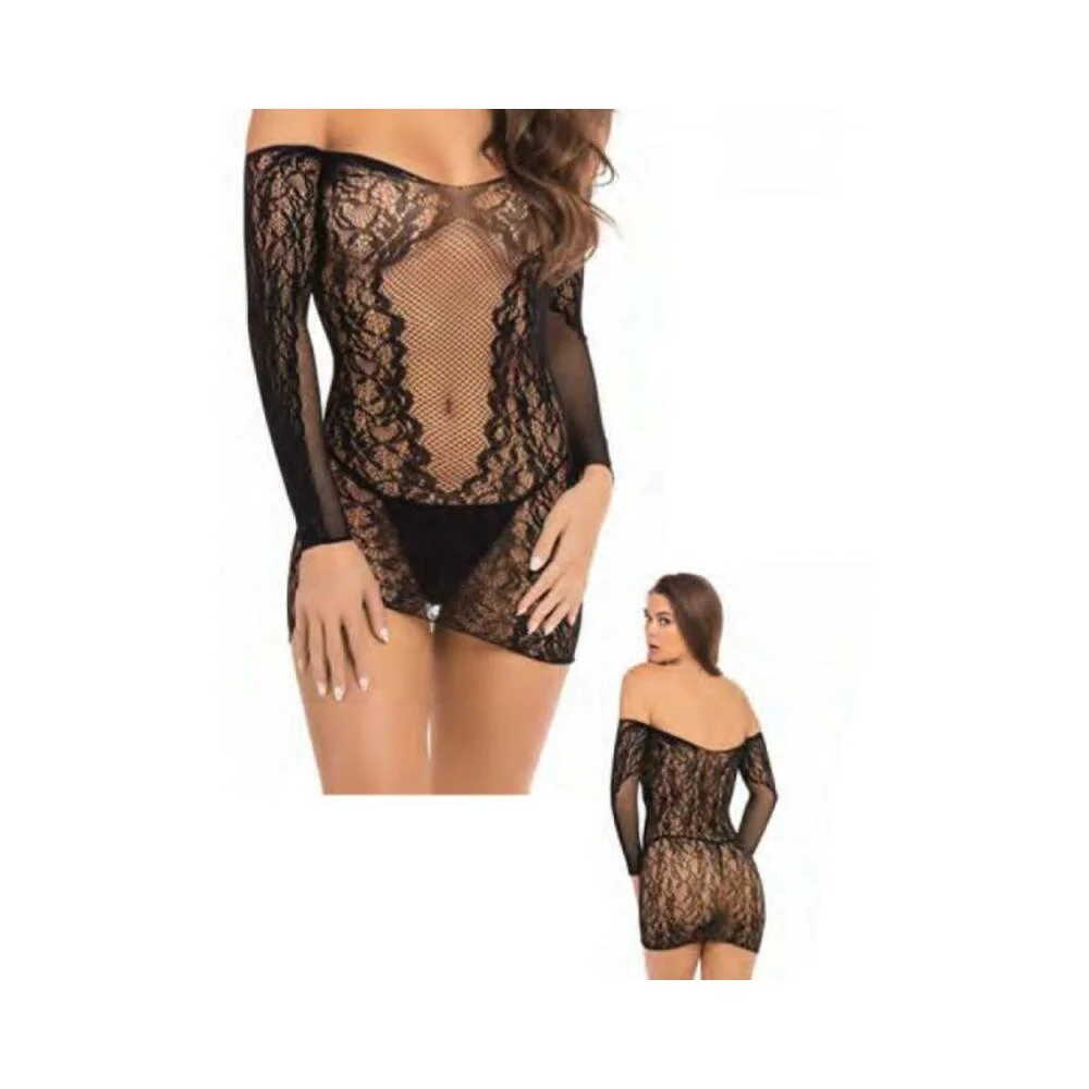 Demure Long Sleeve Mini Dress - Black