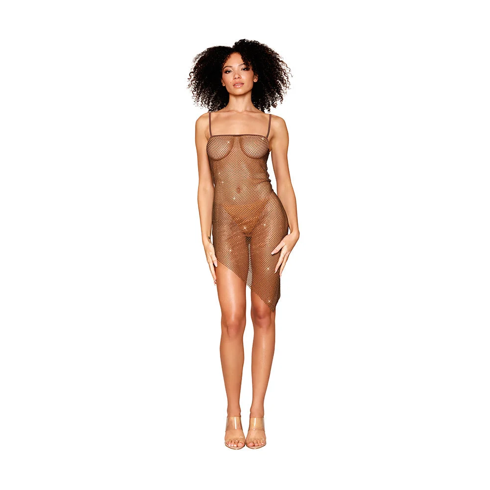 Dreamgirl Rhinestone Embellished Fishnet Chemise with an Asymmetrical Hemline Espresso