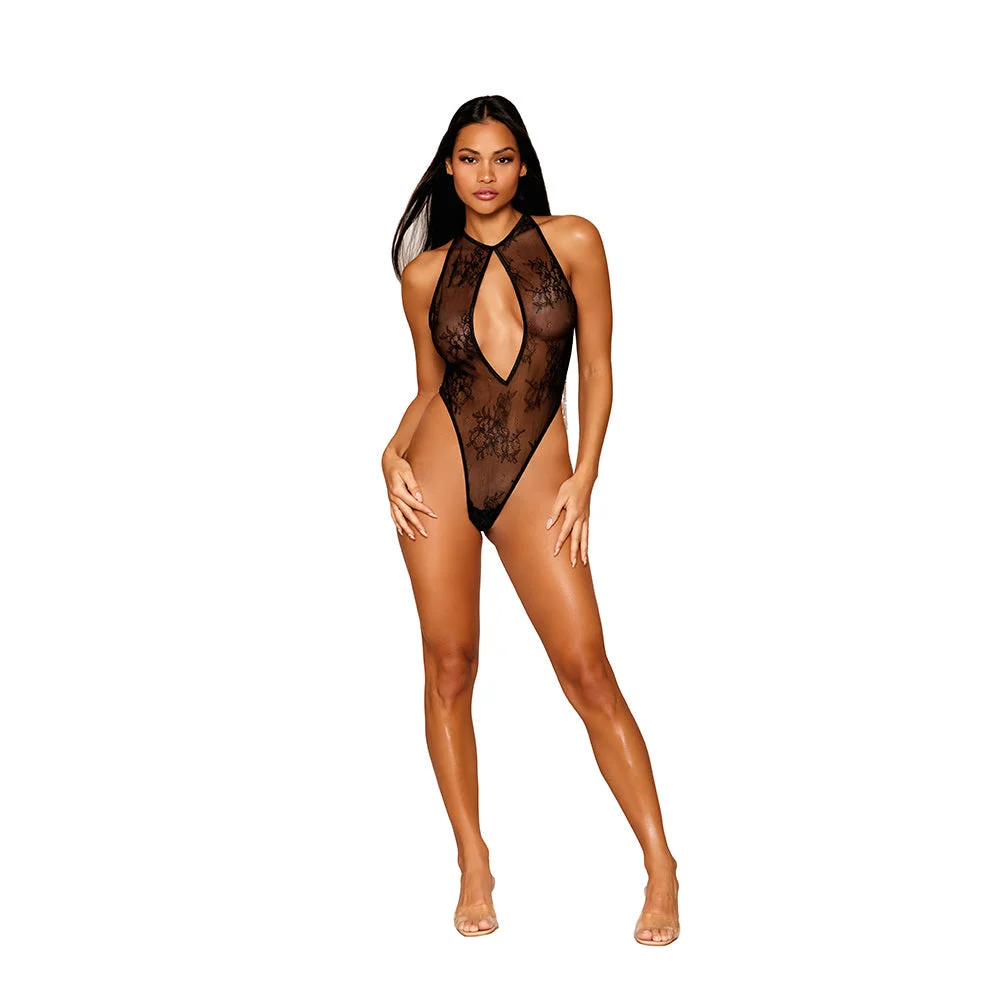 Dreamgirl Stretch Lace Halter Teddy with Keyhole Neckline and Open Rhinestone Fringe Back Black