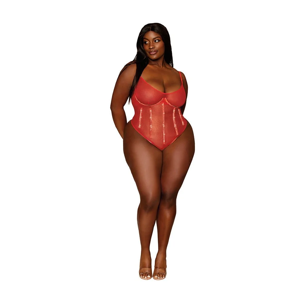 Dreamgirl Thong Teddy with Underwire and Rhinestone Boning Ruby