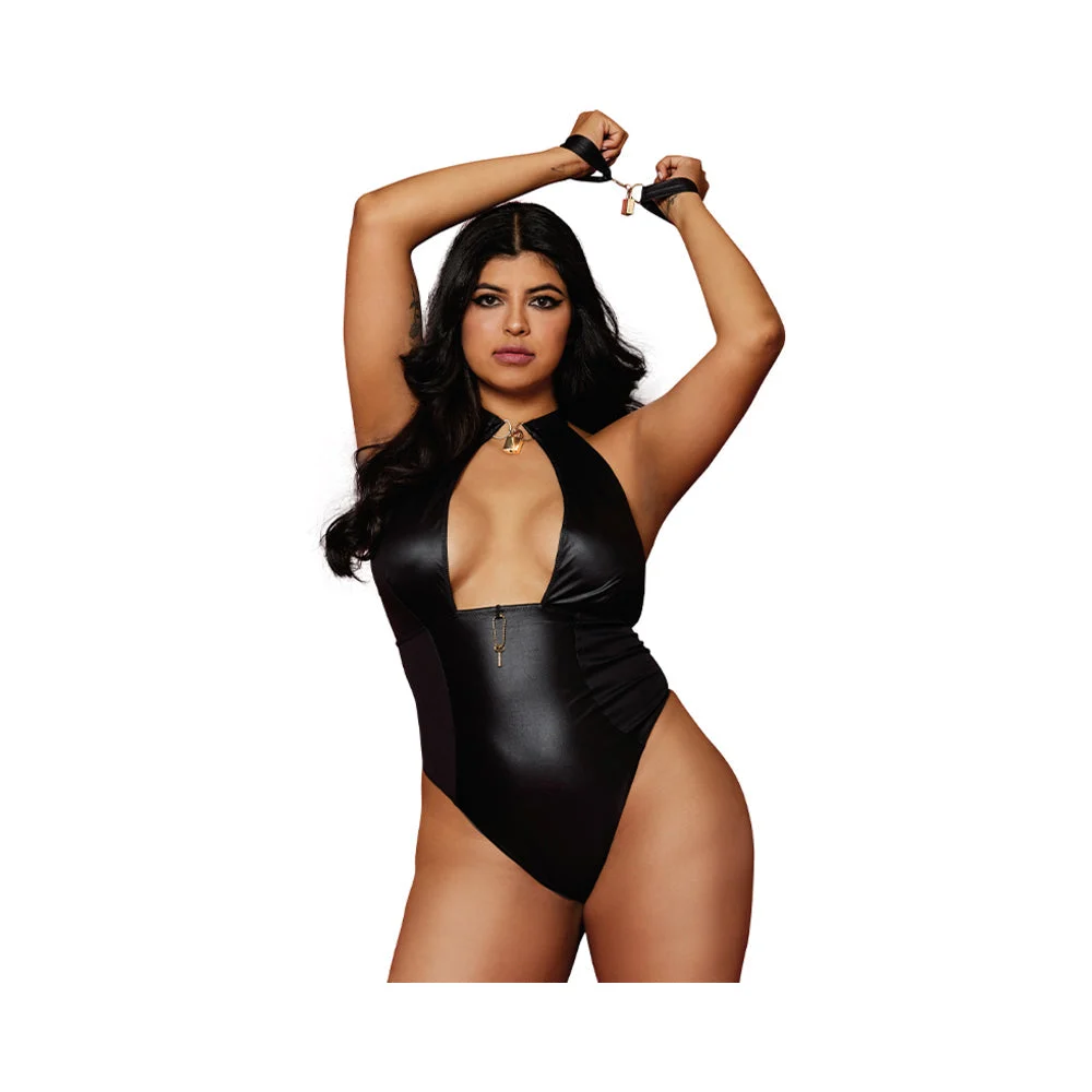 Dreamgirl Wetlook Corseted Back Halter-Neck Thong Teddy With Wrist Restraints Black