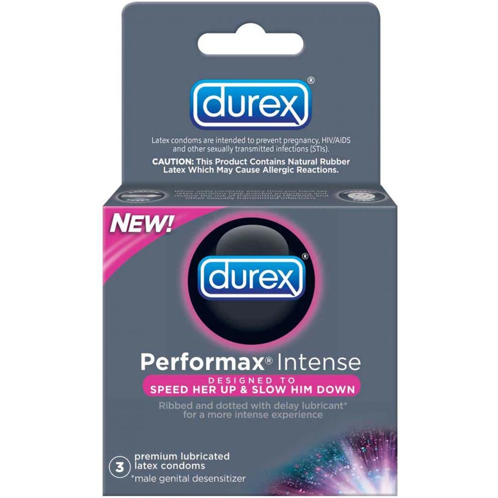 Durex Performax Intense Ribbed and Dotted with Delay Lubricant Condoms, 3 Pack
