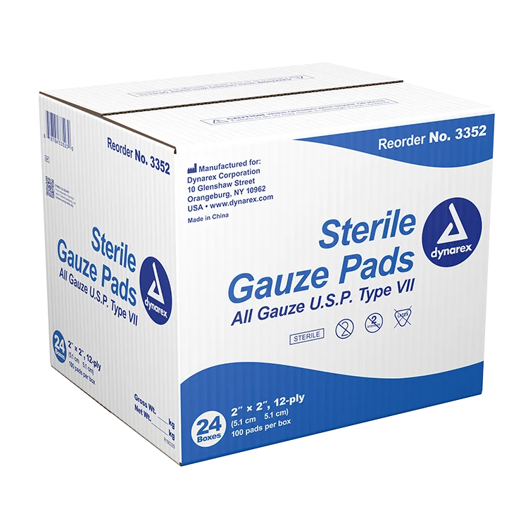 Dynarex Gauze Pad - Sterile 1's, 2" x 2" 12 Ply, 100ea/bx, 24bxs/cs (2400 Count)
