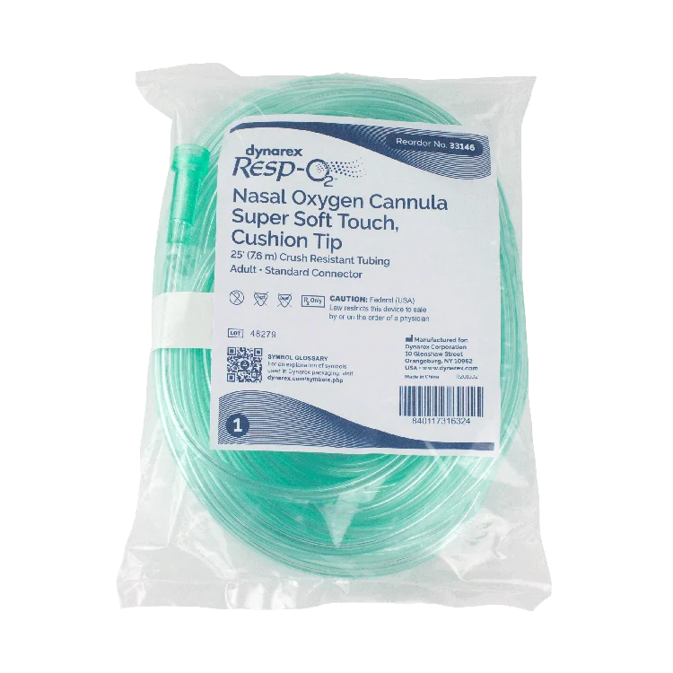 Dynarex Resp-O2 Nasal Oxygen Cannula, Super Soft Touch w/ Cushion Tips (25 Count)
