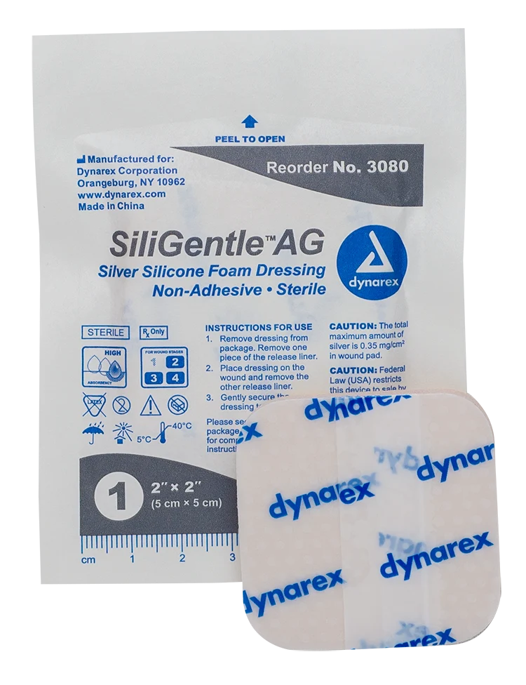 Dynarex SiliGentle AG - Silver Silicone Foam Dressing, 10ea/bx, 5bxs/cs (50 Count)