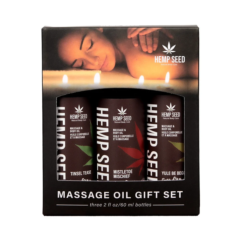 Earthly Body Hemp Seed Holiday Massage Oil Trio Gift Set: Mistletoe Mischief Tinsel Tease Yule Be Begging