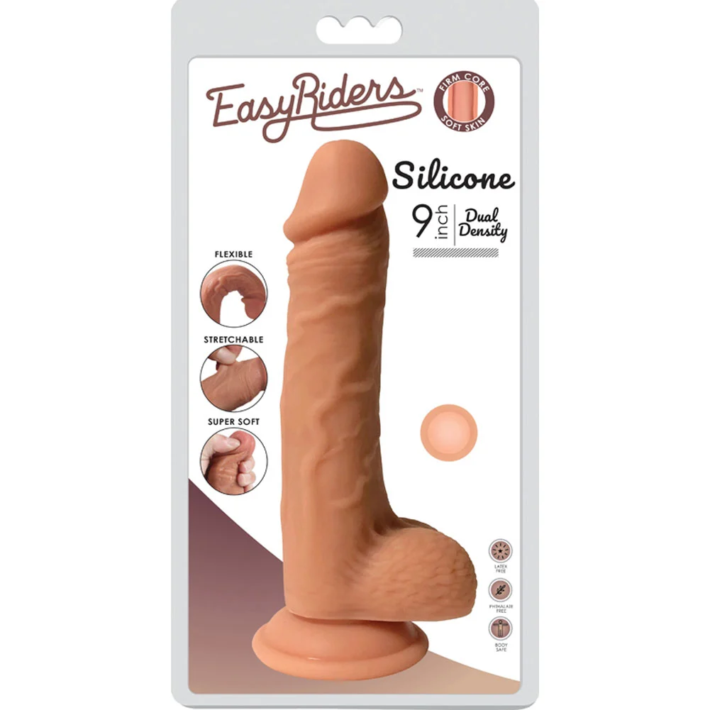 Easy Riders Dual Density Silicone Dong with Balls, 9", Flesh