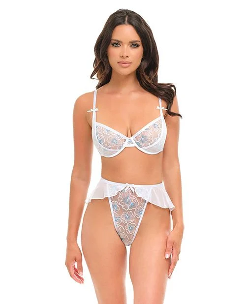 Elena White and Blue Floral Embroidered Bra G-String Set