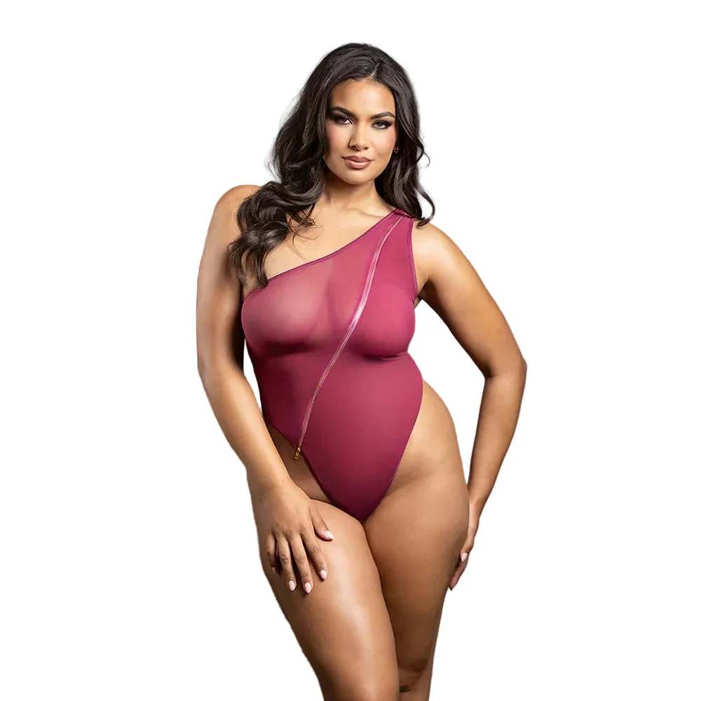 Fantasy Lingerie Domina Crotchless One-Shoulder Teddy with Asymmetrical Front Zipper