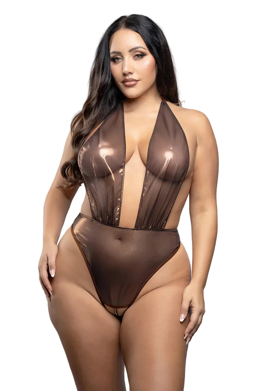 Fantasy Lingerie Opulence Crotchless Pearl Plunge Halter Teddy with Adjustable Pearl G-String