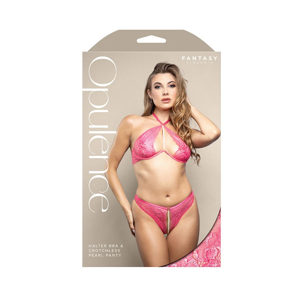 Fantasy Lingerie Opulence Pearl Accent Halter Bra & Adjustable Crotchless Pearl Panty