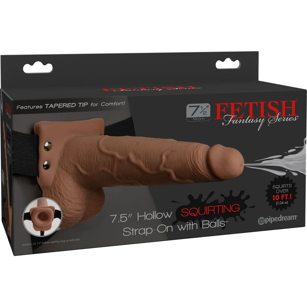 Fetish Fantasy Hollow Squirting Strap-On with Balls, 7.5", Tan