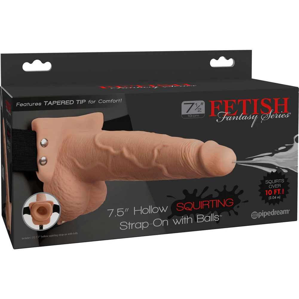Fetish Fantasy Hollow Squirting Strap-On with Balls, 7.5", Vanilla