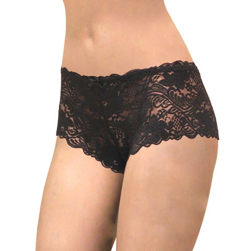 Floral Lace Boy Short Panty for Women, Small, Black
