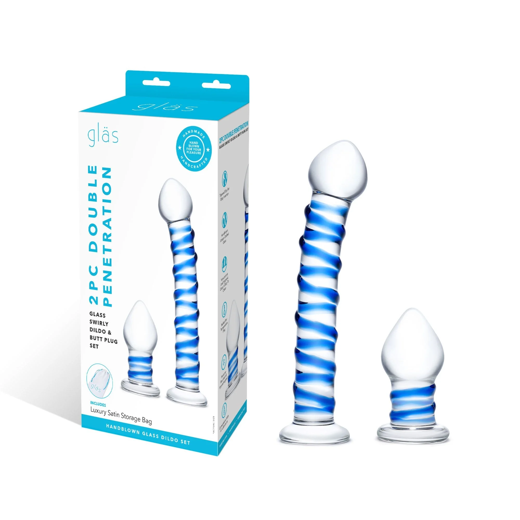 GLAS 2PC DOUBLE PENETRATION GLASS SWIRLY DILDO & BUTTPLUG SET
