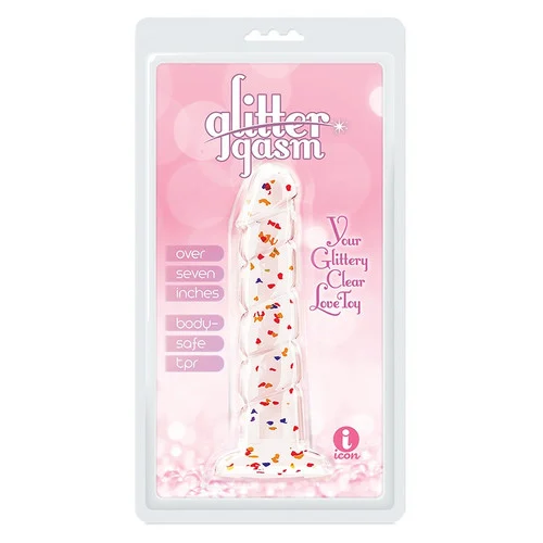 Glittergasm 7 Inch Clear Swirl Dildo with Orange Red Gold Glitter