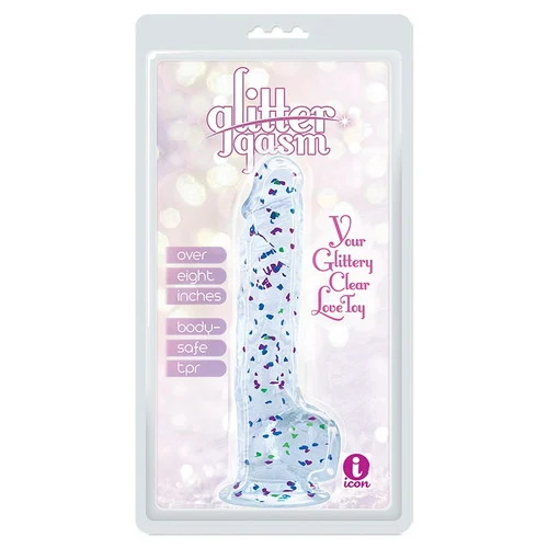 Glittergasm 8 Inch Clear Swirl Dildo with Blue Purple Green Glitter